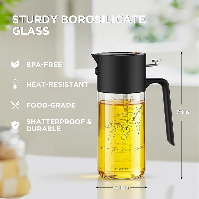 PLAPITATE 2Pcs 17oz Premium Olive Oil Sprayer for Cooking, 2 in 1 Glass Olive Oil Dispenser Bottle for Kitchen Gadgets, Spray Bottle with Portion Control for Salad, Frying, BBQ (2 Black)