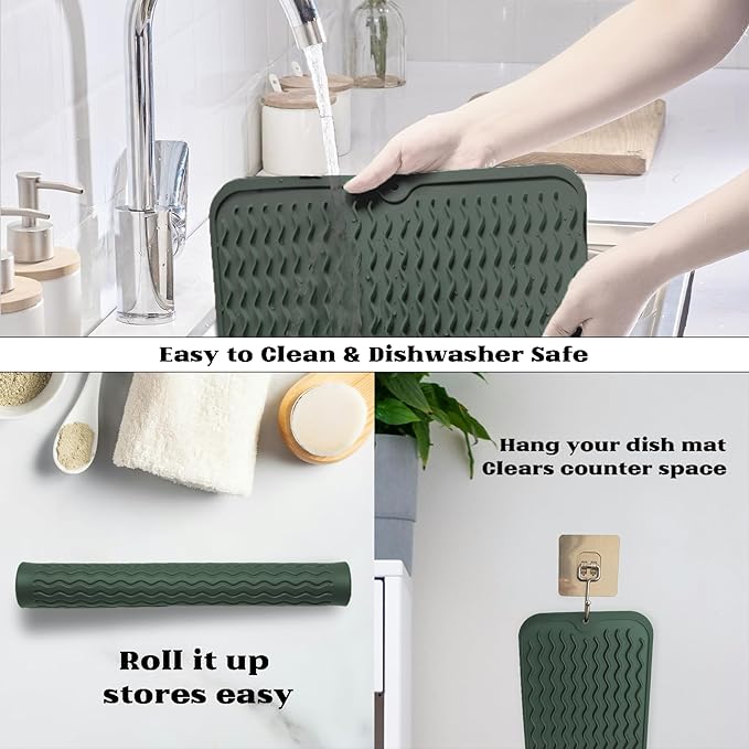 ZLR Silicone Dish Drying Mat & Heat Resistant Trivet (12" x 16") - Waterproof Counter Protector for Air Fryer, Coffee Maker - Non-Slip, BPA Free Kitchen Pad, Easy Clean Dishwasher Safe (Green)