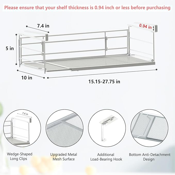 Expandable Under Cabinet Shelf, Extendable Under Shelf Storage with Removable Wire-Like Back for Pantry Cabinet, Laundry Room, Shoe Rack. (White, 1 Pack, Interior: 5" H x 10" D)