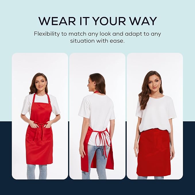 Will Well Kitchen Apron for Men and Women - 33" x 27" Oil-and-Water-Resistant with Adjustable Neck Strap and 38" Waist Ties for a Snug Fit, Lightweight with 2 Front Pockets - 6-Pack, Red