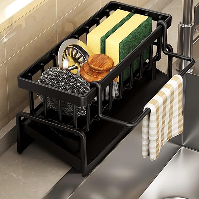 Sponge Kitchen Sink Caddy Organizer Brush Sink Sponge with Auto Draining Tray, Self Drain Dish Soap Caddy, 9.05" Lx4.33 Wx3.93 H (Black,)