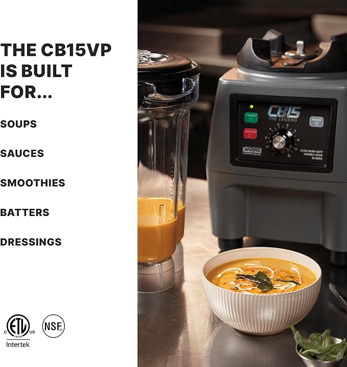 Waring Commercial CB15VP Ultra Heavy Duty 3.75 HP Blender, Electric Touchpad Controls with Variable Speed, BPA Free Copolyester 1 Gallon Container, 120V, 5-15 Phase Plug, Gray