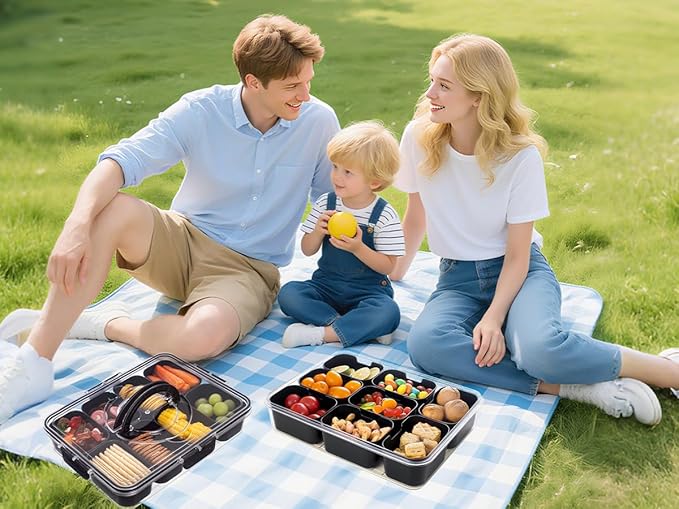 Dingerjar Divided Serving Tray with Lid and Handle - Snackle Box Charcuterie Container for Portable Snack Platters Organizer for Candy, Fruits, Nuts, Snacks - Perfect for Party, Entertaining, Black