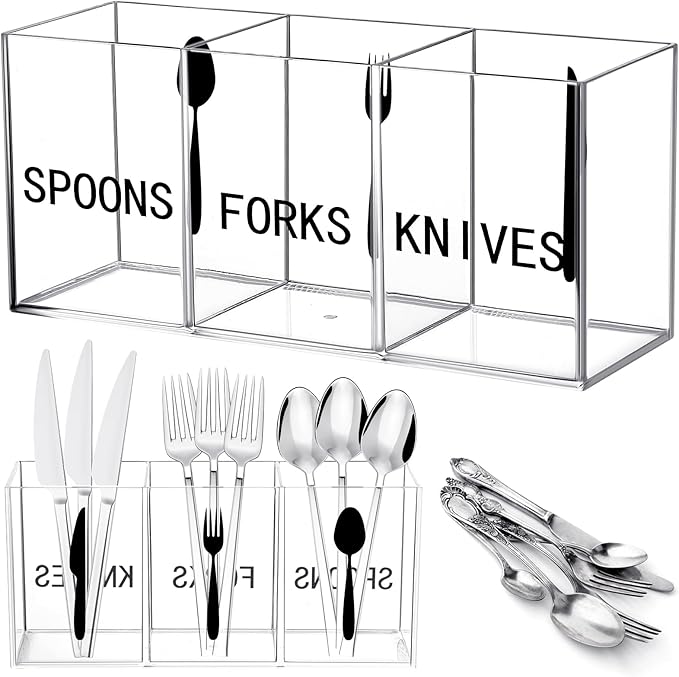 Suzile Acrylic Cutlery Storage Organizer Plastic Utensil Holder Clear Silverware Organizer 3 Section Tableware Storage Box Countertop Fork Spoon Knife Holder Party Flatware Caddy for Kitchen Storage