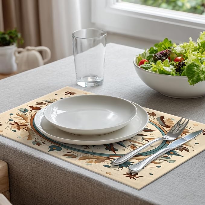 Batmerry Compass Rose Placemats, Floral Themed Design Washable Linen Table Mats for Kitchen Table Double Insulation Decor Dining Set Indoor Outdoor 12X18 in Set of 6