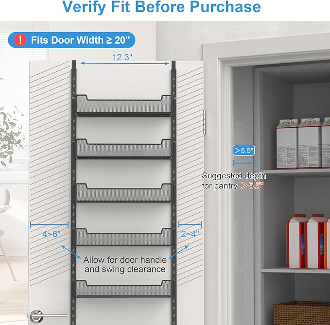 VyGrow 12.3" W Narrow Over the Door Pantry Organizer, 8-Tier Over the Door Organizer with Adjustable Basket, Pantry Door Organization for Pantry Kitchen Storage Room Spice Rack, Black