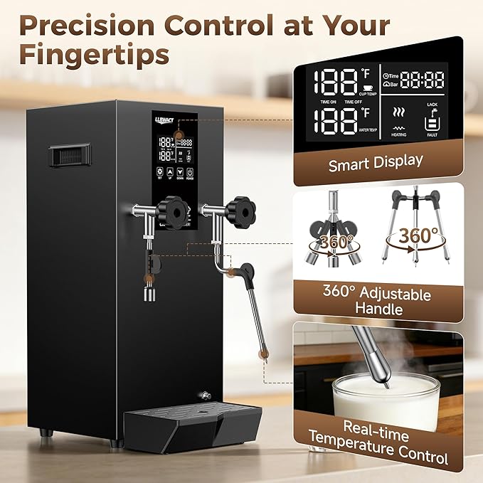 Commercial Steam Milk Frother,1.6Bar Fast Frothing in 15s,2000W 8L Boiler for Continuous Use, Temp Probe, Triple Safety, 3-in-1 Hot Water & Steam with LED Display for Coffee Shops& Restaurant