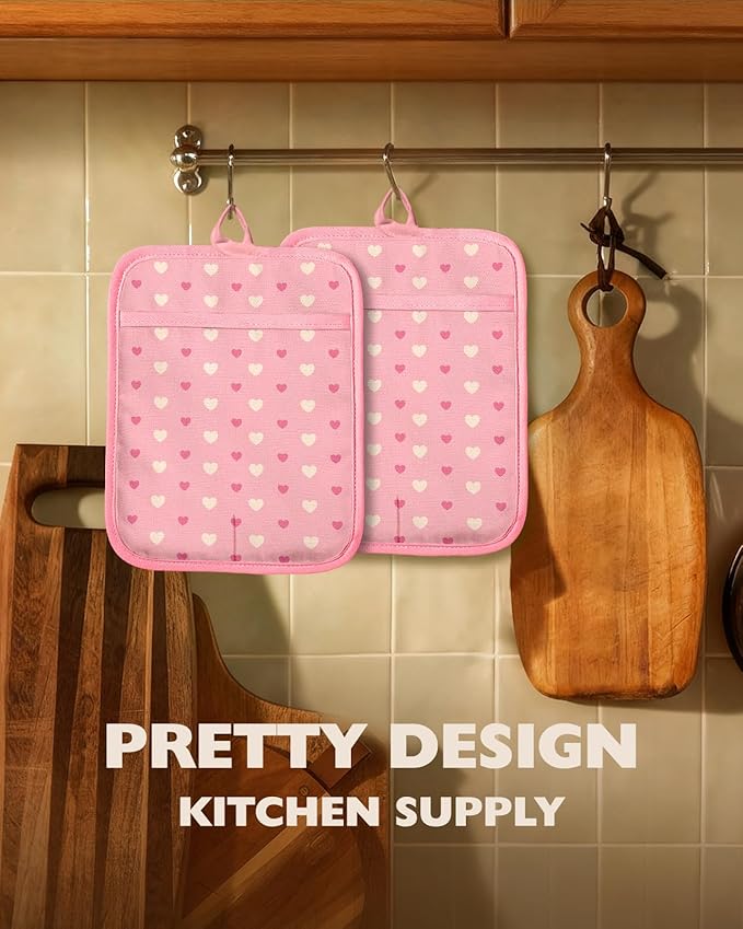 Slohif Silcone Heart Pot Holders for Kitchen - 100% Cotton Pink Cute Oven Potholders with Pockets, Heat Resistant Square Thick Hot Pads, House New Home Baking Baker Gifts,2pack