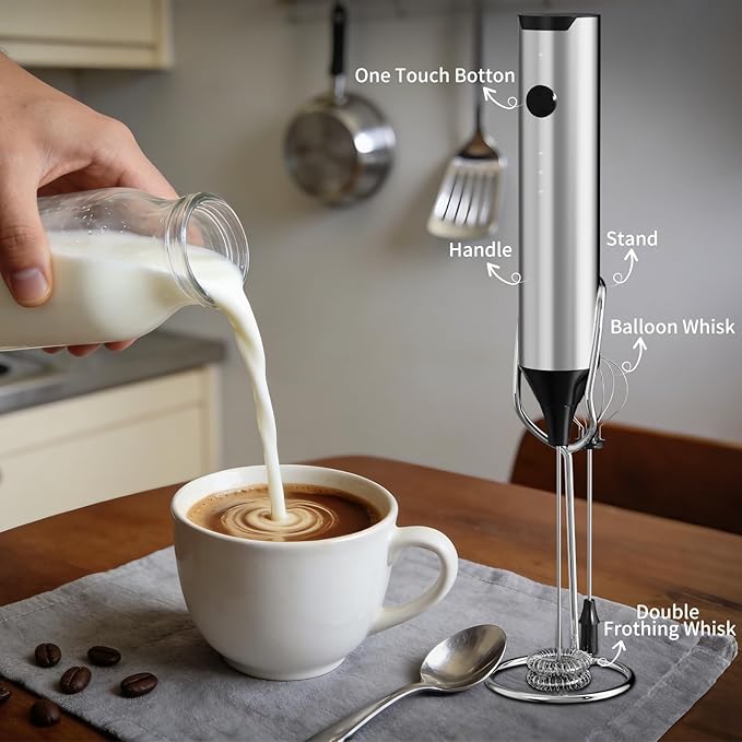 Milk Frother Handheld Rechargeable, Hand Frother with Stand, Drink Mixer Frother Wand Electric Whisk Stirrer for Coffee, Latte, Matcha, Cappuccino, Hot Chocolate, Kitchen Gifts - Stainless Steel