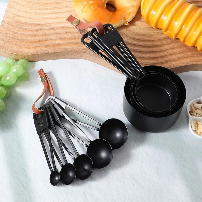 9 PCS Black Stainless Steel Measuring Cups and Spoons Set, Nesting Metal Measuring Cup with Ring Connector for Liquid and Dry Ingredients, Cooking and Baking (Black)