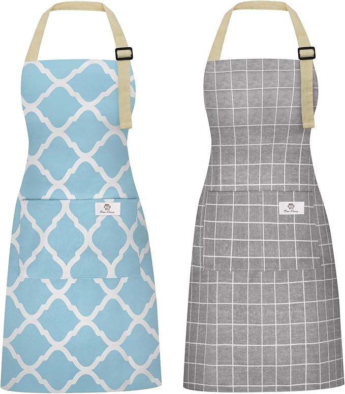 2 Pieces Aprons for Women with Pockets, Cotton Linen Waterproof Kitchen Cooking Aprons, Chef Apronfor Men Women with Adjustable Neck Strap and Long Ties(Grey/Blue)