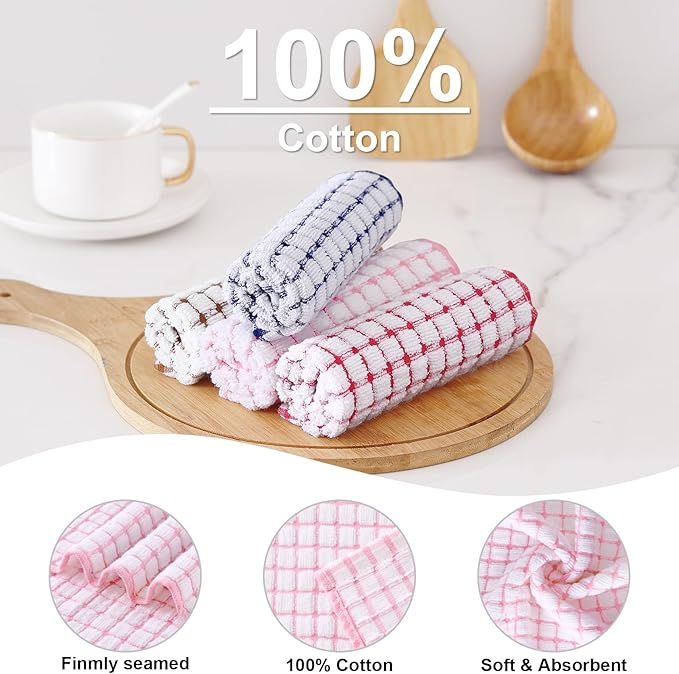Kitinjoy Cotton 16 Pack Kitchen Towels and Dishcloths Sets, 16 x 25 Inch & 12 X 12 Inch Dish Towels Bulk, Super Soft and Absorbent Hand Towels for Kitchen Drying, Mix Colour
