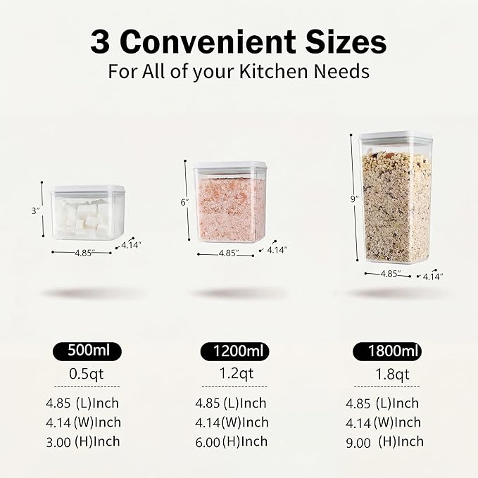 Pop Airtight Food Storage Containers with Lids Stackable Containers for Kitchen Pantry Organization Ideal for Cereal Snacks Flour Sugar Coffee and Spaghetti (gray, 6 pcs)