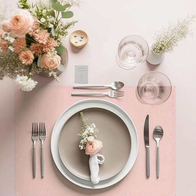 JarThenaAMCS 6Pcs Pink Placemats Heat Resistant Waterproof Linen Table Place Mats Decorative Dinner Mats for Home Kitchen Wedding Banquet Party Dining Table Decor