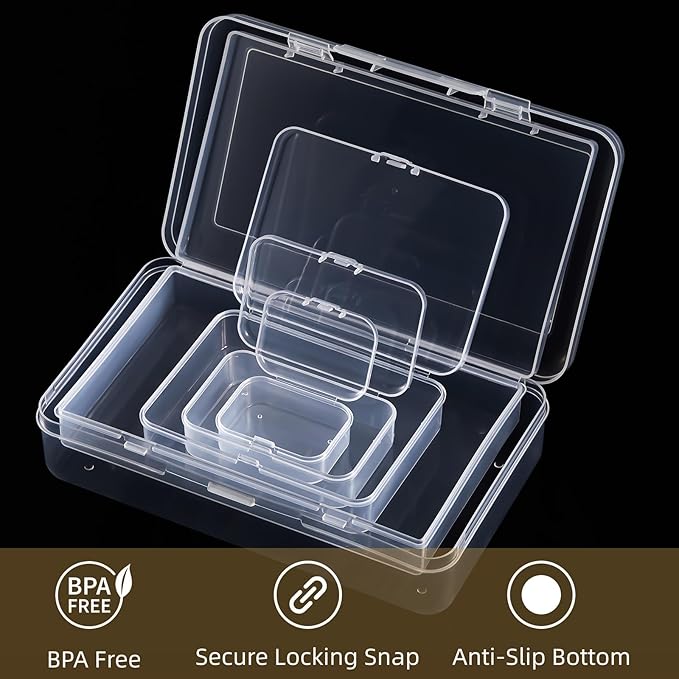 Goodma 42 Pieces Mixed Sizes Rectangular Empty Mini Clear Plastic Organizer Storage Box Containers with Hinged Lids for Small Items and Other Craft Projects