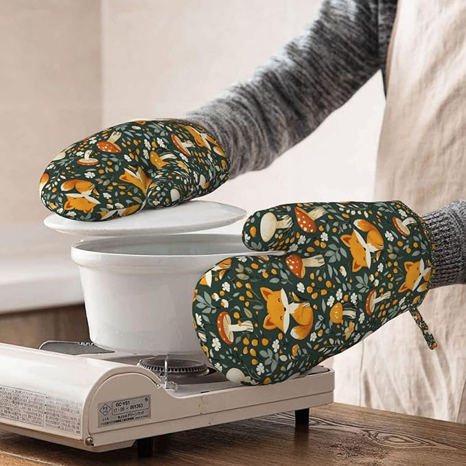 Fox Silicone Oven Mitts Set of 2, Heat Resistant up to 500°F, Kitchen Oven Gloves with Non-Slip Grip and Soft Cotton Lining for Baking, Cooking and BBQ
