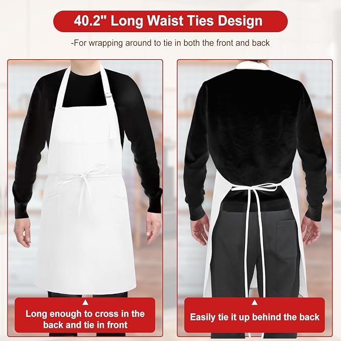 SHEOMERN 3 Pcs Dual Waterproof Oilproof Kitchen Chef Aprons with 4 Pockets for Men Women, Adjustable Soft Anti-Tear Cooking Bib Apron for Baking Grilling BBQ Painting Cleaning (White)