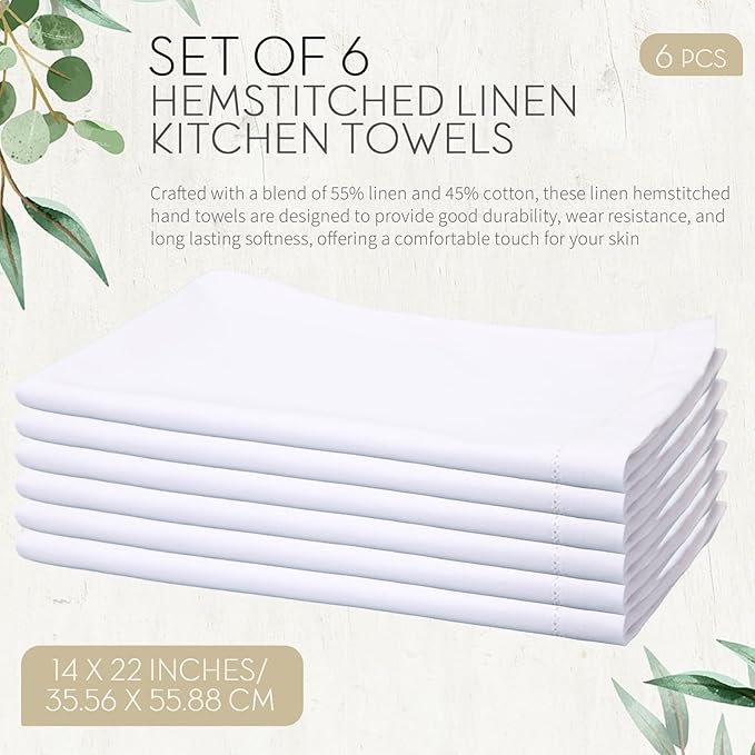 Mixweer 6 Pcs 14" x 22" White Linen Hemstitched Hand Towel Linen Tea Towels for Embroidery Dish Towels for Bathroom Kitchen Home