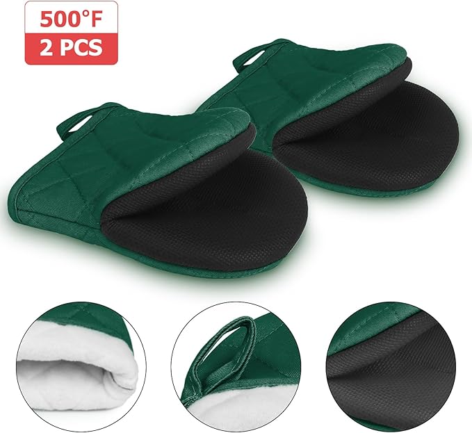 Short Oven Mitts, Heat Resistant 500°F, Silicone Grip Kitchen Gloves, Non-Slip for Baking, Grilling, BBQ, Machine Washable with Hanging Loop, 2-Pack Set, Army Green