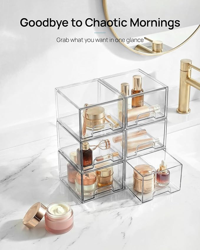 Vtopmart 6 Pack Small Clear Stackable Storage Drawers,Acrylic Bathroom Makeup Organizer,Plastic Storage Bins For Vanity, Undersink, Kitchen Cabinets, Pantry, Home Organization