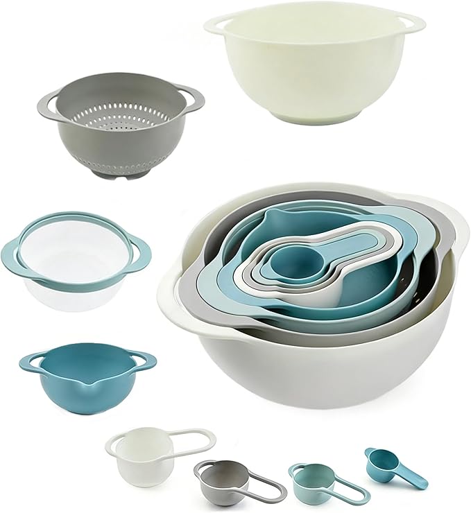 Plastic Mixing Bowls Set 8/10 PCS with Measuring Spoon, Colorful Serving Bowls for Kitchen, Ideal for Baking, Prepping, Nesting Bowls for Space Saving Storage (Pebble Stream)