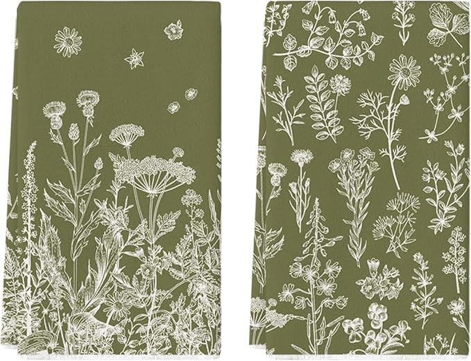 Artoid Mode Green Antique Herbs Wild Flowers Leaves Spring Kitchen Towels Dish Towels, 18x26 Inch Seasonal Decoration Hand Towels Set of 2