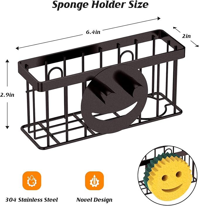MURLONG Sponge Holder Smiley Face,Sink Caddy for kitchen Sink, Kitchen Organizer Sponge Holder with 2 PCS Suction Cups/1 PCS Adhesive Strips,Designed for Sponge,Soap,Dish brush,Scrubber-Bronze