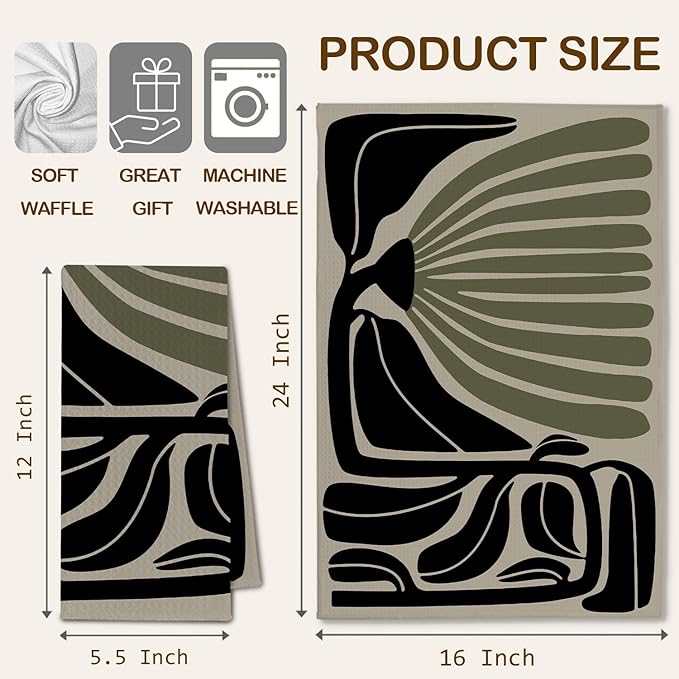 Abstract Boho Sage Green Floral Kitchen Towels, Retro Groovy 70s Boho Dish Towels for Kitchen, Mid Century Modern Green & Black Decorative Hand Towels for Bathroom, 16x24 Inch Set of 2