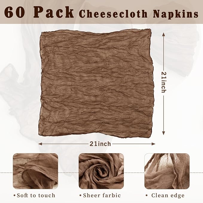 Brown 60 Pack Cheesecloth Napkins Washable 21x21 Inches Brown Cloth Napkins Set of 60 Dinner Table Napkins for Wedding Summer Bridal Baby Shower Rustic Boho Cotton Gauze Party Table Decor