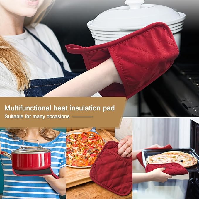 2Pcs Cotton and Neoprene Oven Pads Pot Holders with Pocket 8"x8.5" Dual-Function Hot Pad Set for Finger Hand Wrist Protection Heat Resistant to 428°F,Red