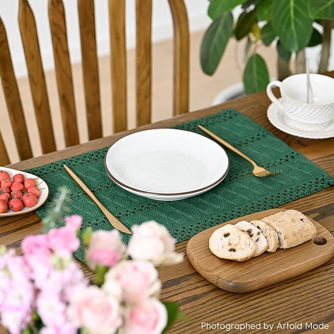 Artoid Mode Dark Green Farmhouse Woven Rustic Hollow Placemats Set of 4,12x18 Inch Seasonal Holiday Table Mats Party Kitchen Dining Decoration