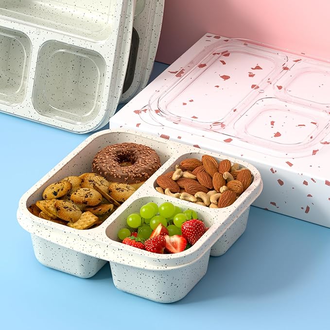 Snack Boxes (3 Pack) - Stackable Bento Boxes with 3 Compartments, Meal Prep Containers Reusable, Lightweight Lunch Containers for Kids and Adults, BPA Free (Off White)