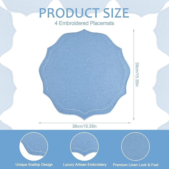 Set of 8 Cotton Linen Placemats, 15x15 Round Scalloped Cloth Table Mats, Embroidery Machine Washable, Wrinkle Resistance Fabric Place Mats for Wedding Summer Baby Shower Party Table Decor-Blue