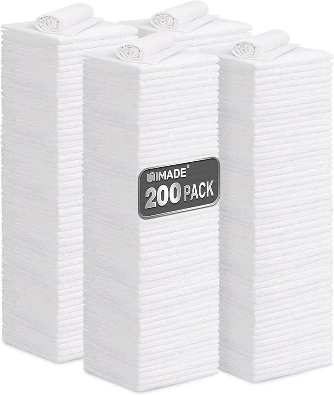 UNIMADE Shop Towel Rag, 200 Pack Reusable Rags Bulk Microfiber Cleaning Cloth Lint Free Towels for Car Kitchen Automotive Bar Mechanic Restaurant Garage, 11.5"x 11.5", White