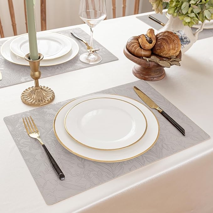 Romanstile Vinyl Placemats Set of 4-12 X 17 Inch - Heat Resistant Non-Slip Embossed Floral Place Mats 100% Waterproof Oilproof Wipeable Faux Leather Table Mats for Kitchen/Dining/Party, LightGrey