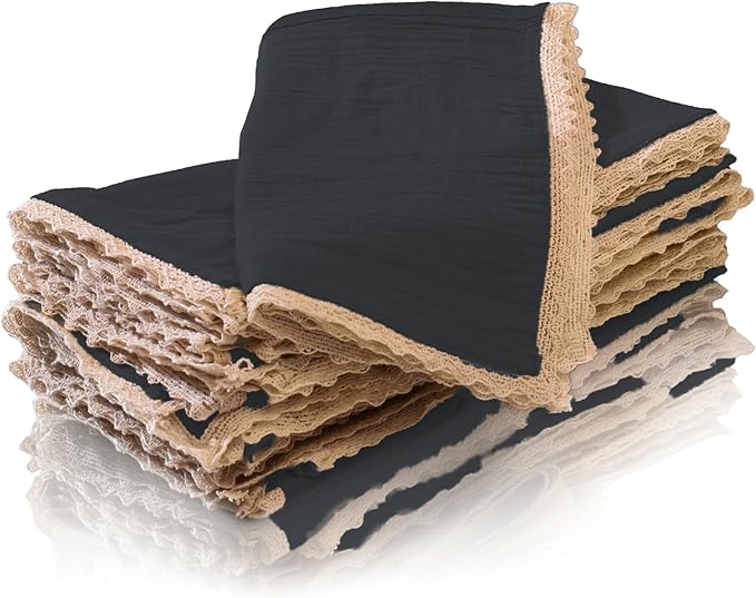 Fingercraft Dinner Cloth Napkin Cotton Muslin Double Gauze 4 Pack with Classic Lace for Everyday Use, Wedding, Party, Christmas, Easter Napkins Cloth are Pre Shrunk and Good Absorbency Black