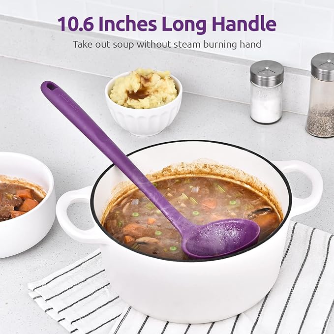 13 inch Silicone Soup Ladle: U-Taste 600ºF Heat Resistant 4 oz Large Non-stick Seamless Rubber Kitchen Deep Serving Spoon with Non-slip Solid Long Handle for Cooking Sauce/Stews/Gravies/Chili(Purple)
