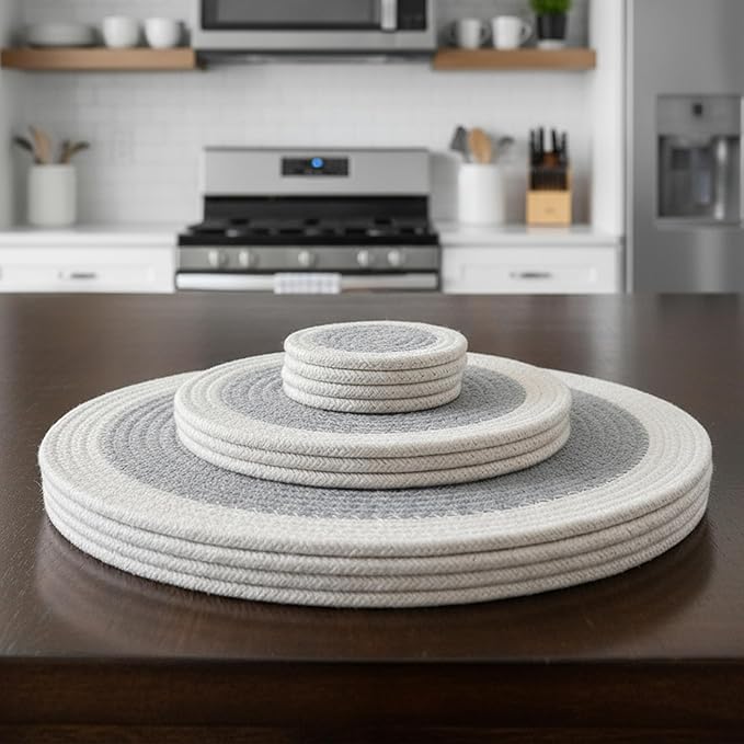 Encasa XO Cotton Dining Table Combo Set of 4 Placemats, 4 Drink Coasters, 3 Trivets | Handmade Rib Style | Grey | Absorbent & Heat Resistant