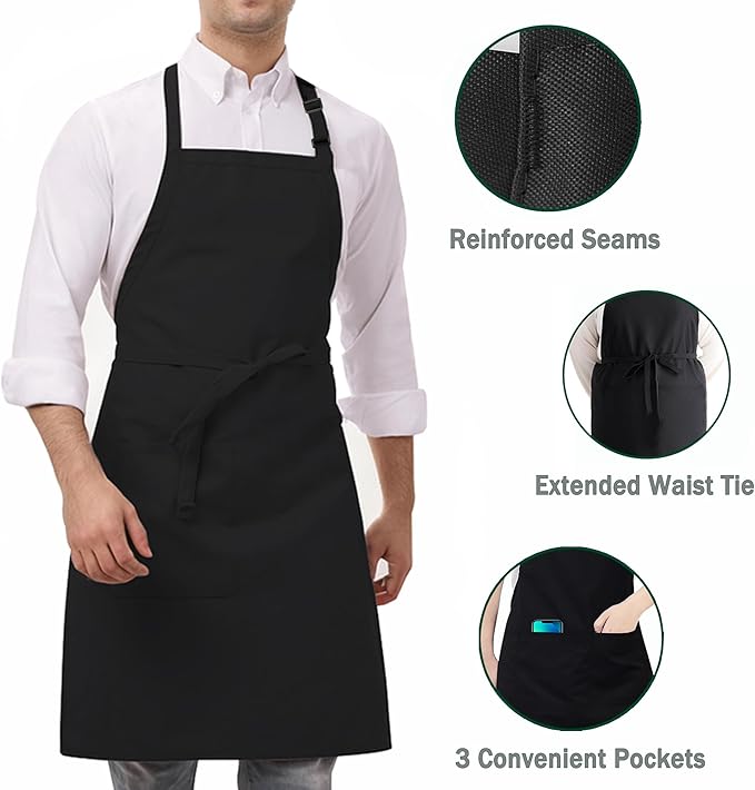 3 Pack Black White Chef Apron, Adjustable Kitchen Apron with 3 Pocket for Men Women Waitress Waiter Serve (Polycotton)