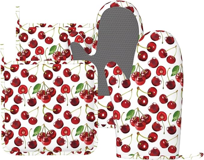 Cherry Fruit Pattern Oven Mitts and Pot Holders 4 pcs Set Silicone Cherry Fruit Kitchen Oven Mitt Gloves Pot Holders Non-Slip Heat Resistant Cooking Mitts Set for Kitchen Baking Grilling BBQ