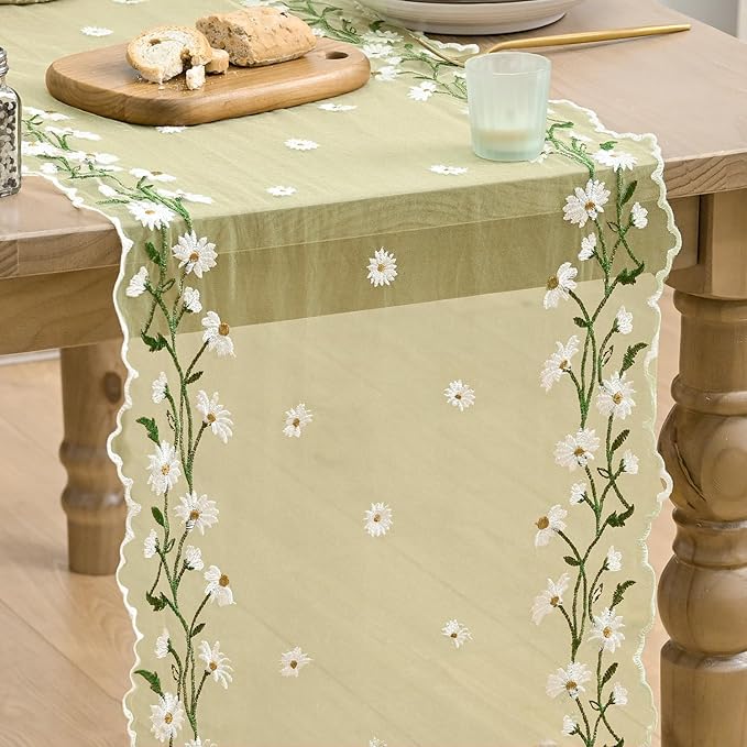 Artoid Mode Daisy Floral Yellow Shaped Gauze Embroidery Table Runner 120 Inch 10FT, Tulle Spring Summer Kitchen Dining Table Decor for Home Party