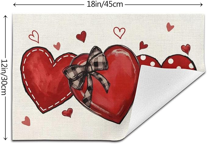 Valentine's Place mats Set of 4,12x18 Inches Red Love Heart Valentine's Decor Placemats Rectangle Mother's Day Wedding Anniversary Decoration Table Mats for Party Home Kitchen Dining Table