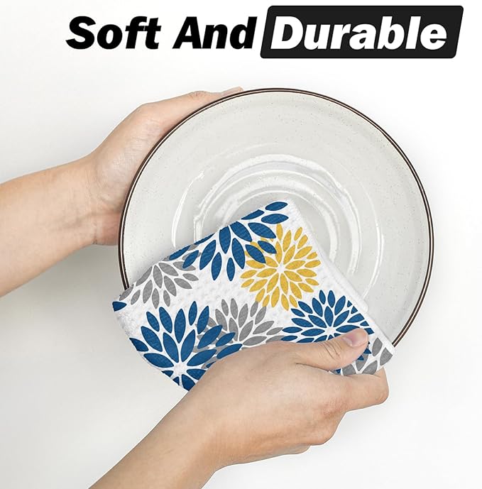 Artoid Mode Dark Blue Dahlia Floral Kitchen Towels Dish Towels, 18x26 Inch Quick Dry Microfiber Cloth Hand Towels for Kitchen Drying Set of 2