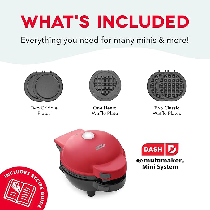 Dash MultiMaker® Mini System - Compact Waffle Maker for Family Breakfasts - Removable Griddle Plates & nonstick surface - 5 Plates - Red
