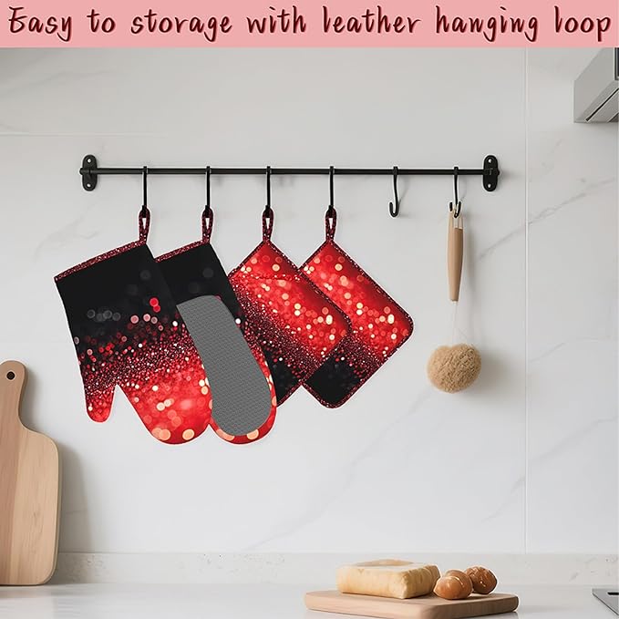 Red Gradient Sparkle Heat-Resistant Silicone Oven Mitts and Pot Holders,Long Oven Gloves with Non-Slip Grip for Cooking, Baking, Grilling,BBQ