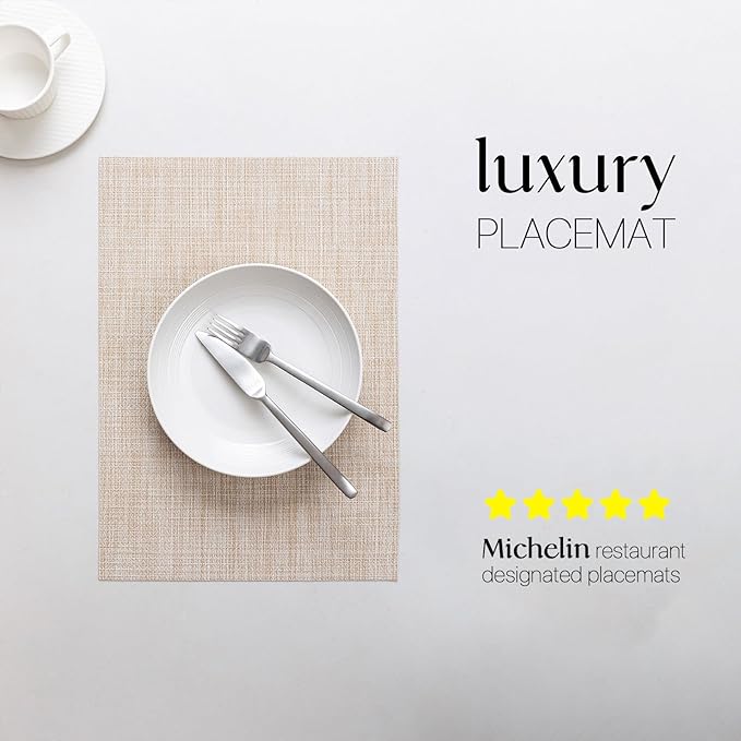 LEXMORE Placemats Set of 8 Vinyl/Plastic Woven Place Mats for Kitchen Table Indoor/Outdoor Washable Placemat Wipeable Dining Table Mats(A-Beige)