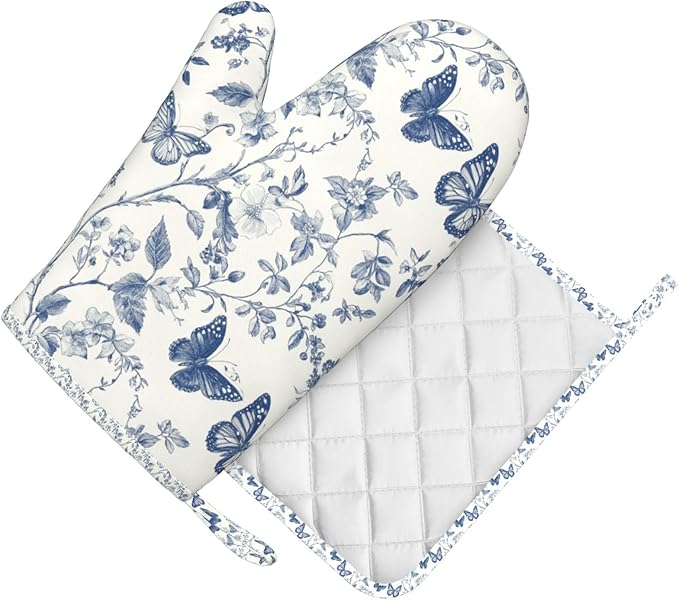 Oven Mitts and Pot Holders Butterfly Flower Vintage Blue Silicone Kitchen Accessories Set of 2 Heat Resistant Long Gloves Potholder Non-Slip Grip for Chef Cooking Baking Grilling BBQ