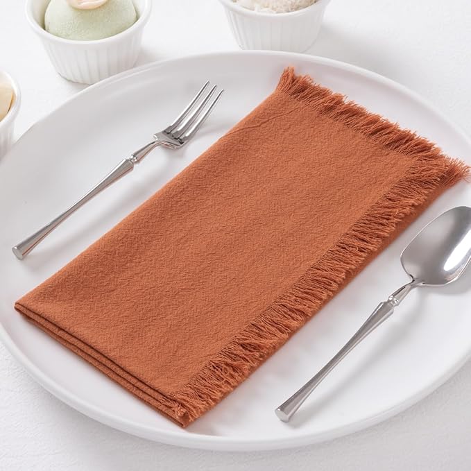DeZerlor 6 Pack Terracotta Cotton Linen Napkins with Fringe Spring Cloth Napkins Set of 6 Boho Handmade Dinner Napkins Bulk for Wedding Bridal Baby Shower Parties, 17 x 17 Inches