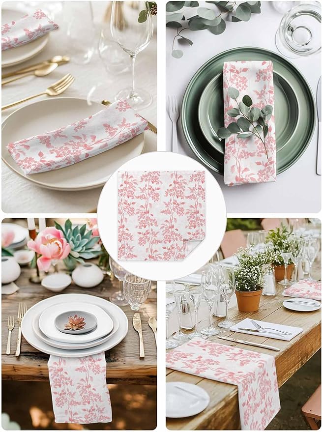 Pink Flower Leaves Cloth Napkins Set of 6 - Washable Dinner Napkins Reusable Table Napkin for Home Party Weeding Dining Table Setting Decoration,Oversized Grey Modern Pastel White Floral Spring Summer