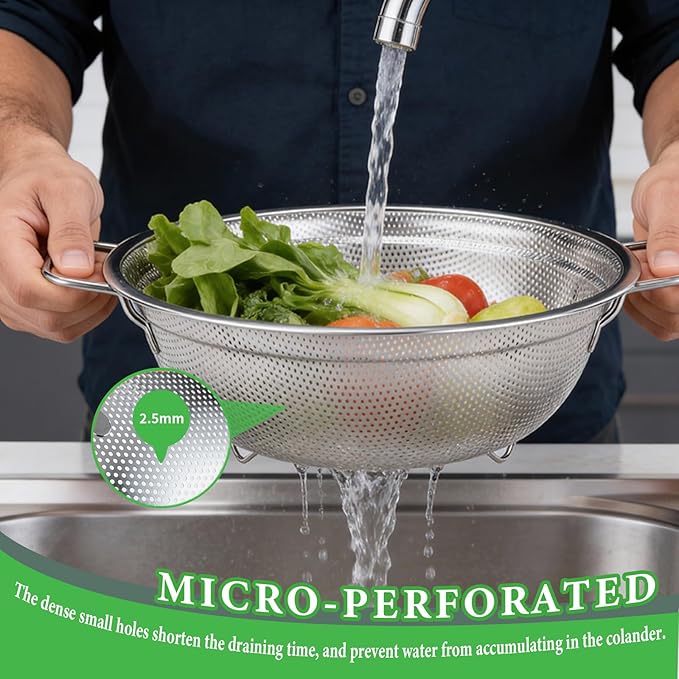 Colander Set of 3, Stainless Steel Micro-Perforated Colanders Strainers for Draining Rinsing Washing, Ideal for Pasta Vegetables Fruits, Heavy Duty & Dishwasher Safe